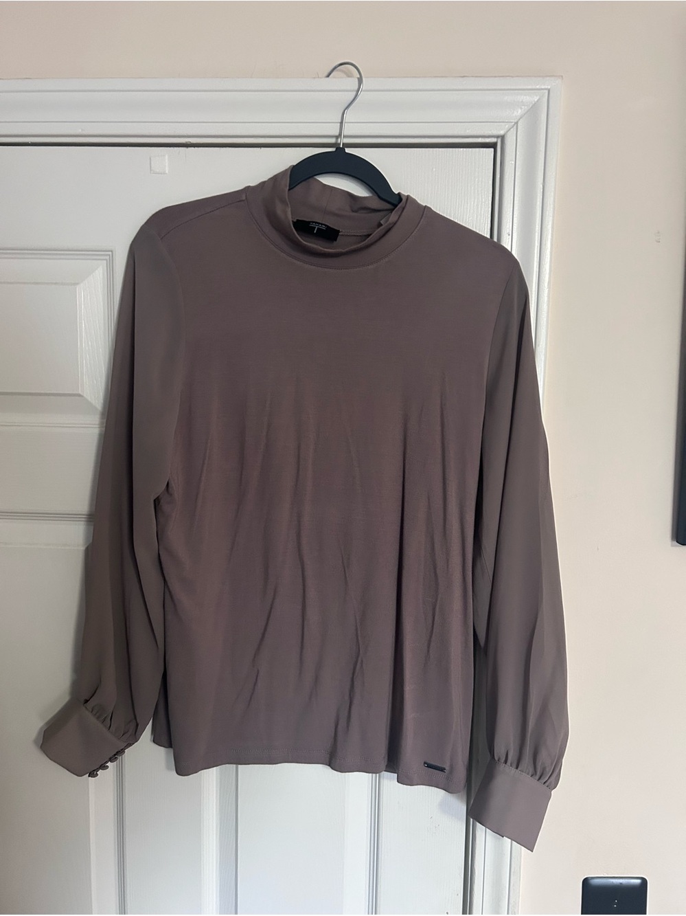 Tahari Taupe Long-Sleeve Mock Neck Top